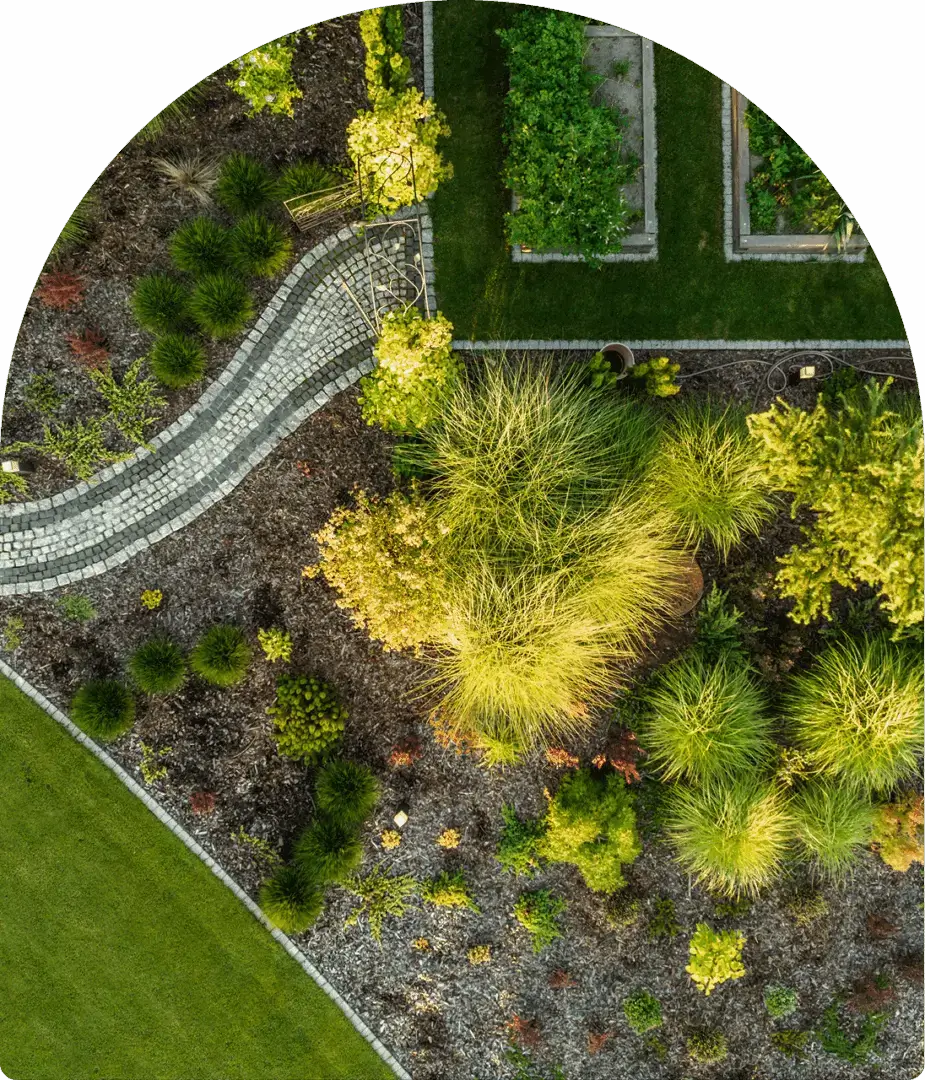Aerial view of a landscaped garden with a stone path, shrubs, and rectangular garden beds. Grass borders the area.